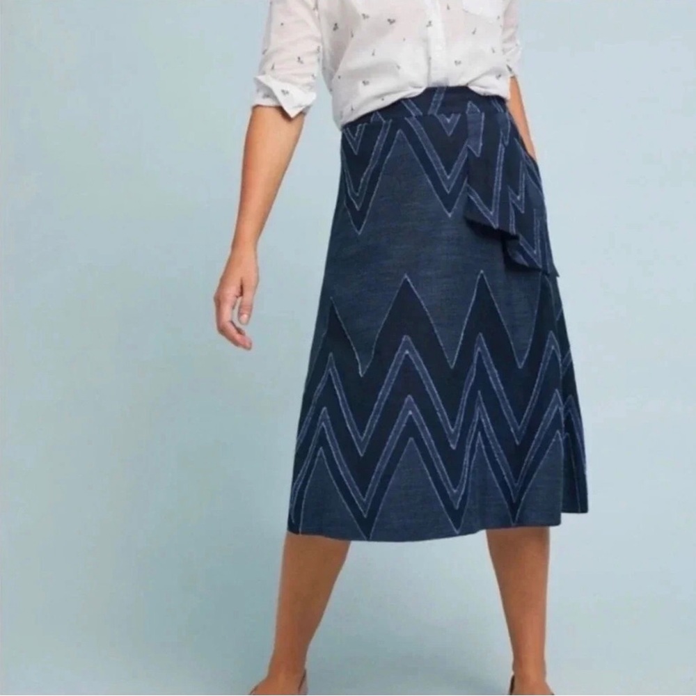 Anthropologie Eva Franco Textured-Chevron Midi Skirt Blue Ruffle Front Size 6